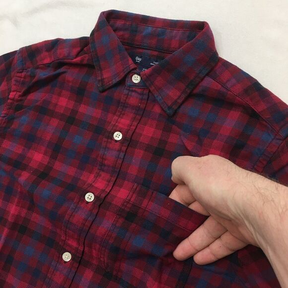 GAP FLANNEL Shirt Men S Cranberry Burgundy Check Plaid Slim Fit Autumnal Grunge - Picture 4 of 16